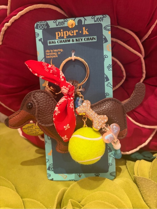 Piper Accessories - Piper Brown Dachshund Bag Charm Key Chain with Yellow Tennis Ball